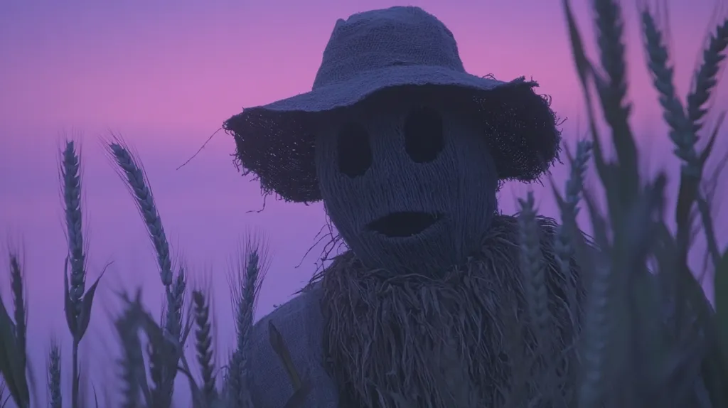 Here is a description of the image:

A weathered scarecrow, crafted from dark, coarse material, stands amidst a field of tall grasses at twilight. Its wide-brimmed hat casts a shadow over its burlap face, which has simple, dark eye and mouth holes. The overall color palette is muted purples and blues, reflecting the soft light of dusk. The scarecrow's texture is rough, suggesting age and exposure to the elements. The surrounding vegetation adds depth to the image, partially obscuring the scarecrow and creating a mysterious, slightly ominous atmosphere. The scene evokes a sense of loneliness and quiet contemplation.