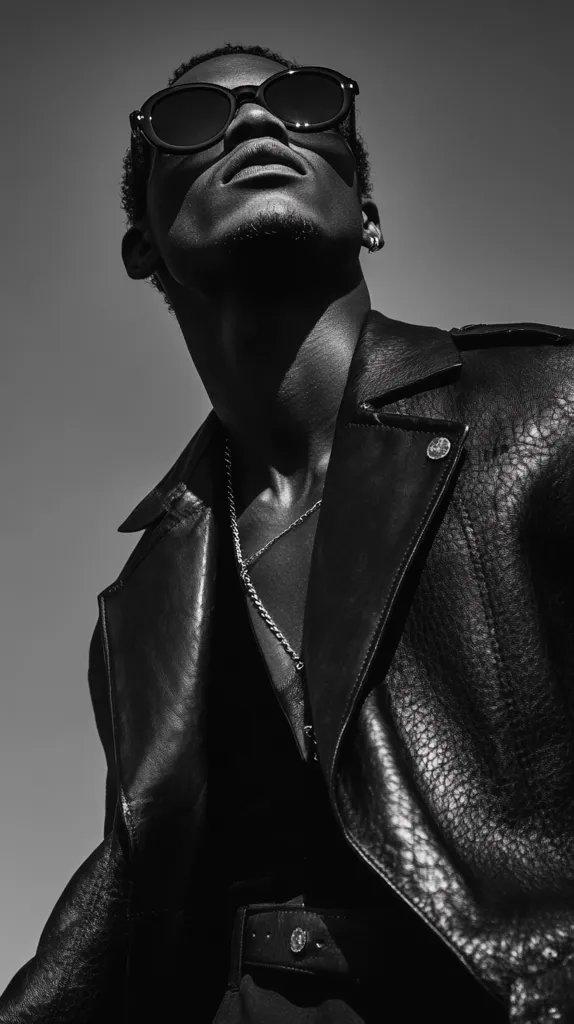 Here's a description of the image:

A black and white, low-angle close-up shot portrays a dark-skinned man, his face tilted upward towards the sun. He wears round, dark sunglasses and a black leather jacket with a subtle textured surface. A silver chain necklace is visible against his chest. His expression is stoic, and the lighting casts strong shadows on his face, highlighting his bone structure. The background is a clear, bright sky, suggesting an outdoor setting.  The overall mood is edgy and stylish.