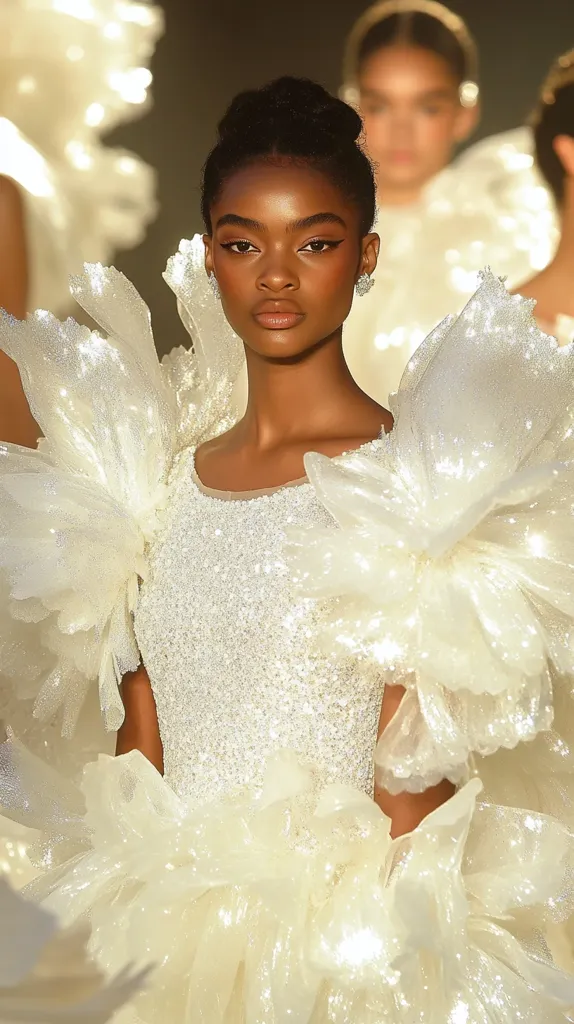 A young Black woman models a stunning, ivory bridal gown. The dress features a close-fitting, sequined bodice and a dramatic, voluminous skirt and sleeves crafted from layers of sheer, textured fabric resembling delicate, oversized petals. Her makeup is subtly glamorous, complementing her dark features.  The background is softly blurred, focusing attention on the model and the intricate detail of the dress. Other models in similar gowns are visible in the soft-focus background.