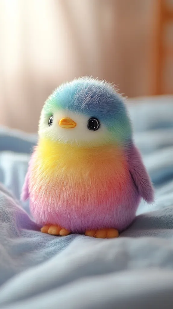 Here's a description of the image:

A fluffy, rainbow-colored penguin plush toy sits on a pale blue fabric.  Its fur is a gradient of pastel hues, transitioning from light blue at the top to pink at the bottom, with yellow and orange in between. The penguin has small, dark eyes and an orange beak. The soft, plush texture is clearly visible, making it appear incredibly soft and cuddly. The background is blurred, focusing attention on the adorable toy. The overall mood is one of sweetness and tranquility.
