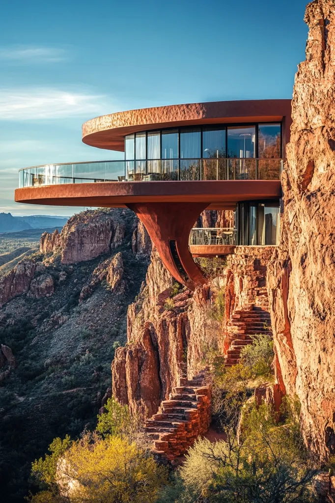 A stunning architectural marvel clings to a dramatic cliffside.  A circular, reddish-brown structure, seemingly suspended in air, features expansive glass windows offering breathtaking views of a vast, rugged landscape below.  Stone steps wind down the cliff face, connecting the building to the earth.  The scene is bathed in the warm light of either sunrise or sunset, casting long shadows and enhancing the dramatic contrast between the building and the natural environment.