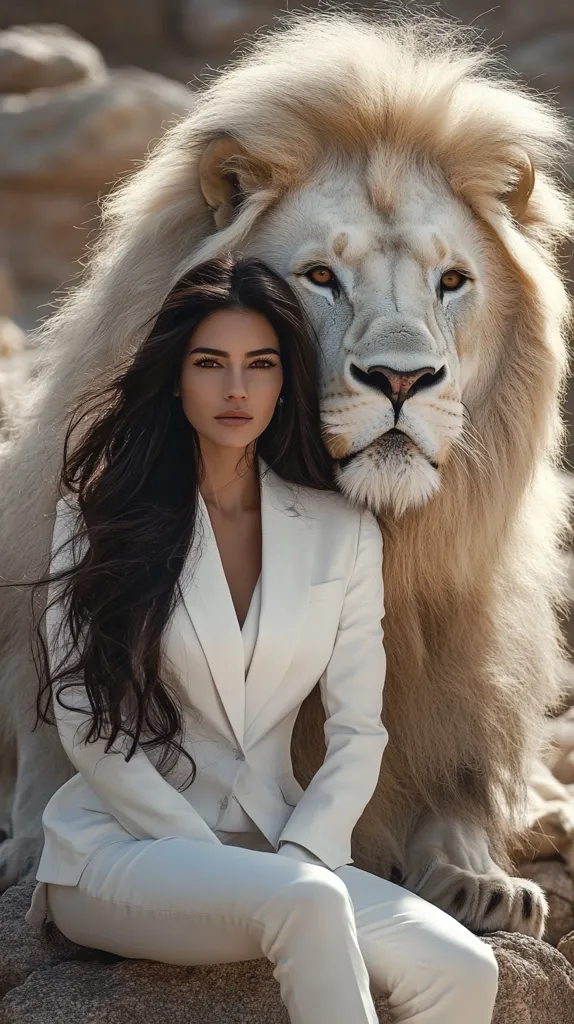 Here's a description of the image:

A striking image portrays a woman with long, dark hair, dressed in a pristine white pantsuit, seated next to a magnificent white lion. The lion's mane is full and imposing, its gaze intense. The woman's expression is composed, her eyes meeting the camera directly.  She sits calmly, her body slightly leaning against the lion. The setting appears to be an outdoor, rocky environment. The overall aesthetic is one of power, elegance, and a surprising juxtaposition of human and animal.