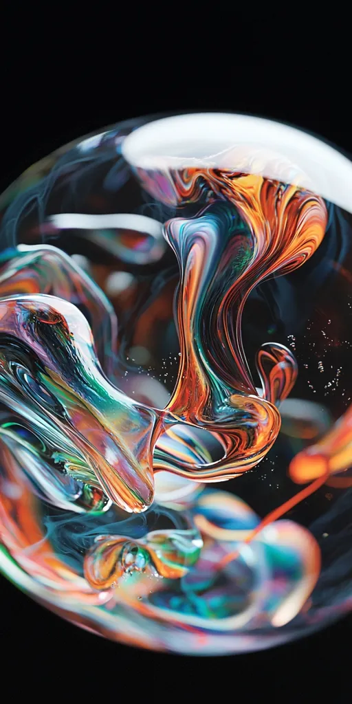 Here's a description of the image:

The image is a close-up shot of a sphere filled with swirling, vibrant colors.  The dominant hues are oranges, blues, greens, and teals, creating a mesmerizing abstract pattern reminiscent of liquid paint or nebulae.  The colors blend and intermingle, their translucent nature allowing light to filter through, creating depth and luminosity. The sphere itself is glossy, reflecting the surrounding dark background which contrasts sharply with the interior's intense color.  Small bubbles or air pockets are visible within the liquid, adding texture to the overall impression of fluidity and movement.  The overall effect is one of striking beauty and ethereal mystery.