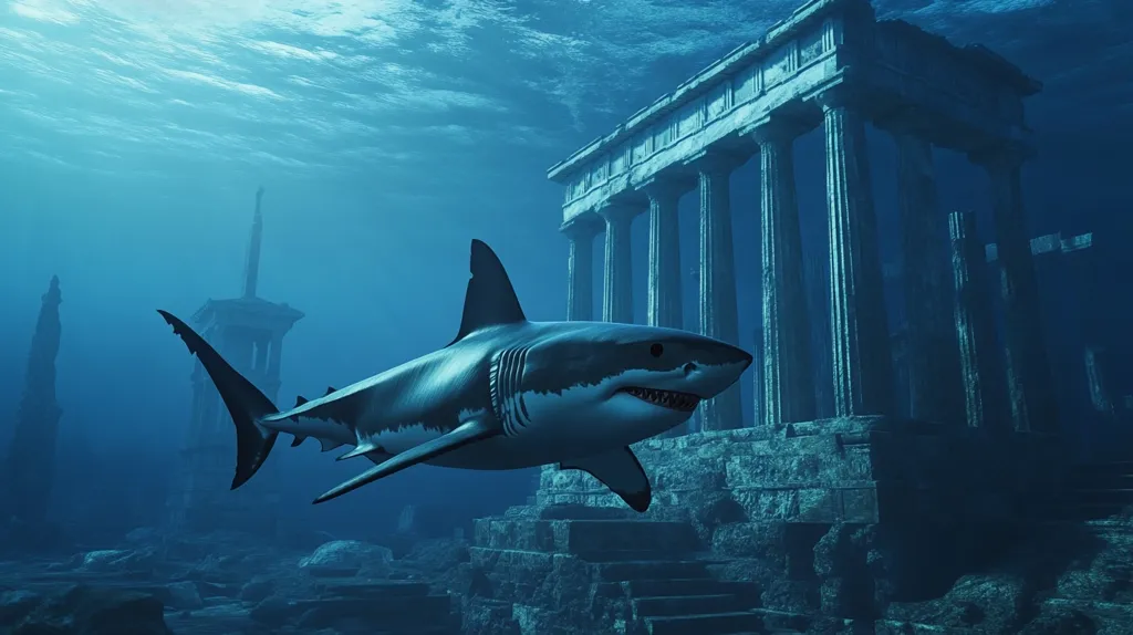 Here's a description of the image:

The image is an underwater scene depicting a great white shark swimming past the submerged ruins of what appears to be a classical Greek temple.  The water is a deep, murky blue, and sunlight filters down from above.  The temple's columns and stonework are partially covered in marine growth, suggesting a long period of submersion. The shark is large and in sharp focus, contrasting with the somewhat blurred background ruins. The overall mood is one of mystery and perhaps even a touch of eeriness.