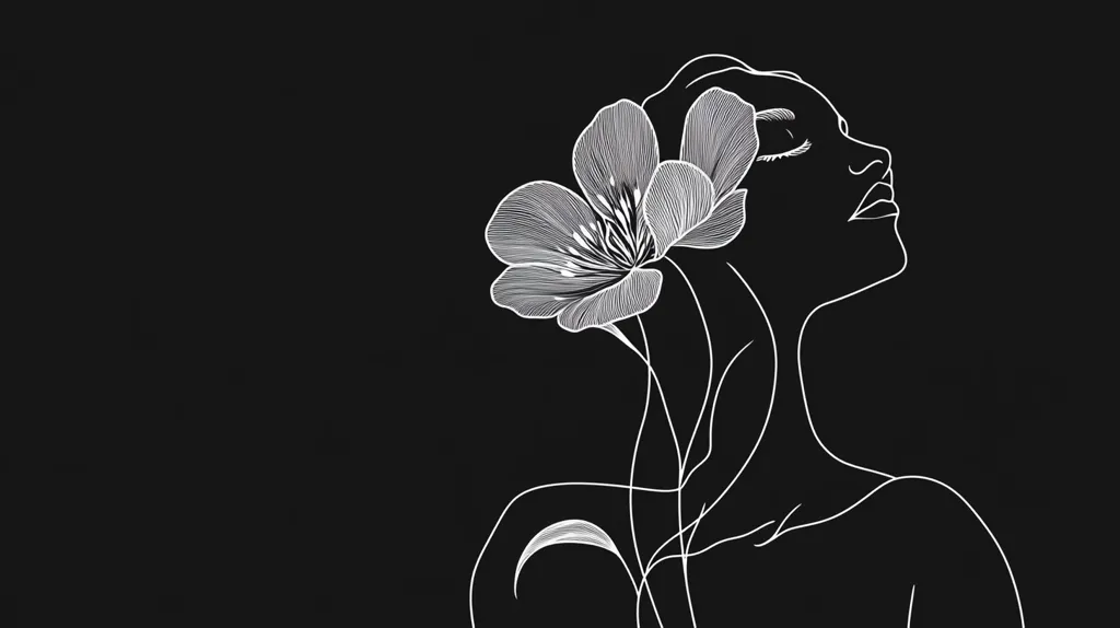 Here's a description of the image:

The image is a minimalist line drawing in stark white against a black background.  It depicts a woman's profile, her head tilted back slightly, eyes closed, suggesting serenity or contemplation.  A stylized flower, possibly a poppy or similar bloom with delicate, intricately drawn petals, is positioned behind and slightly overlapping her head, forming a graceful connection between the woman and nature. The lines are thin and elegant, creating a sophisticated and calming aesthetic.  The overall effect is one of beauty, peace, and simplicity.