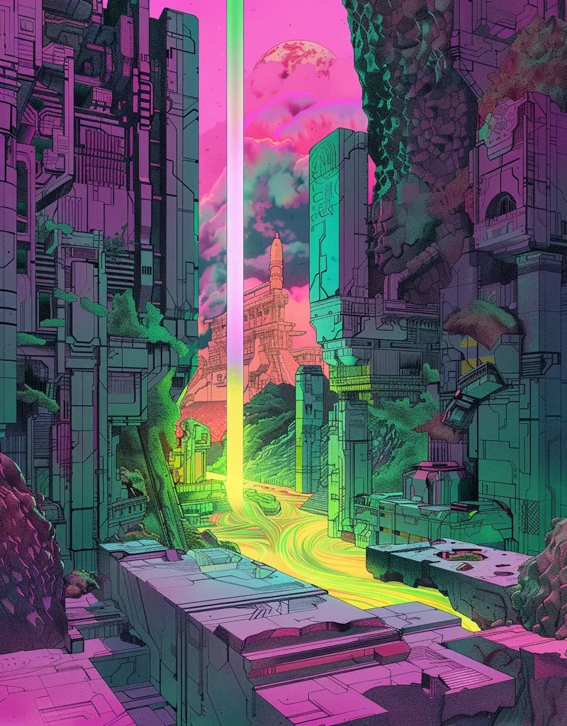 A vibrant, futuristic cityscape is depicted, dominated by towering, geometric structures in shades of teal and purple.  A luminous, lime-green beam of light cuts through the scene, illuminating a swirling, river-like path that winds through the city.  The style is reminiscent of retro-futurism or cyberpunk, with organic elements like vegetation interspersed among the metallic architecture.  A large, pink planet hangs in the background, adding to the surreal and dreamlike atmosphere.  The overall aesthetic is one of vibrant energy and otherworldly beauty.