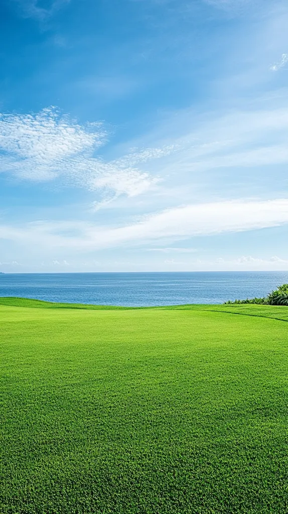 Here's a description of the image:

A vibrant green field stretches to the horizon, meeting a calm, blue ocean under a clear sky.  The sky is a bright blue, dotted with fluffy white clouds, primarily concentrated in the upper left.  The grass appears short and well-maintained.  A hint of darker green vegetation is visible at the far edge of the field where it meets the ocean. The overall scene evokes a sense of peace and tranquility, a picturesque coastal landscape.