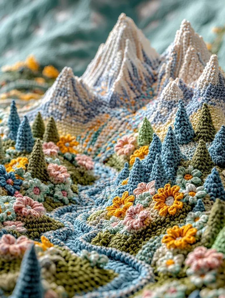 Here's a description of the image:

The image shows a meticulously crafted crocheted landscape.  The texture is incredibly detailed, depicting a mountainous region with peaks rendered in varying shades of blue and white, suggesting snow-capped mountains.  Lush green valleys are interspersed with small crocheted trees and a profusion of colorful flowers in pinks, yellows, and oranges.  A winding river, also crocheted, flows through the valley. The overall effect is a three-dimensional, miniature world created entirely from yarn, demonstrating exceptional skill and artistry.