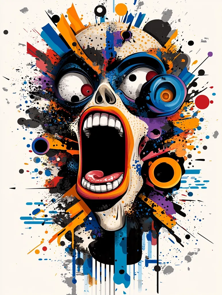Here's a description of the image:

The artwork is a vibrant, abstract depiction of a screaming face, rendered in a style that blends surrealism and graphic design. The face is central, its expression one of intense, almost pained shouting.  Bold colors — blues, oranges, and blacks — are splashed across the canvas, creating a dynamic, energetic feel.  Geometric shapes and splatters of paint intermingle with the face, adding a sense of depth and movement.  The overall effect is chaotic yet controlled, a visually stimulating explosion of color and form.