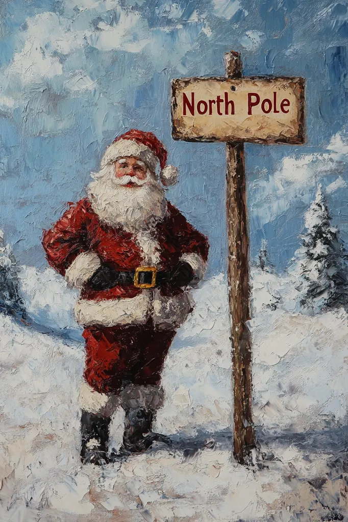 Here's a description of the image:

A charming, impasto-style painting depicts Santa Claus standing proudly beside a weathered wooden signpost that reads "North Pole" in bold red lettering.  Santa, rendered in warm, vibrant colors, is dressed in his traditional red suit with white fur trim. His expression is jovial and content. The snowy landscape, painted with visible brushstrokes, is a mix of white and light blue, suggesting a cold, crisp winter day. Small evergreens dot the background, adding to the festive winter scene. The overall style is thick with paint texture, giving it a three-dimensional quality.