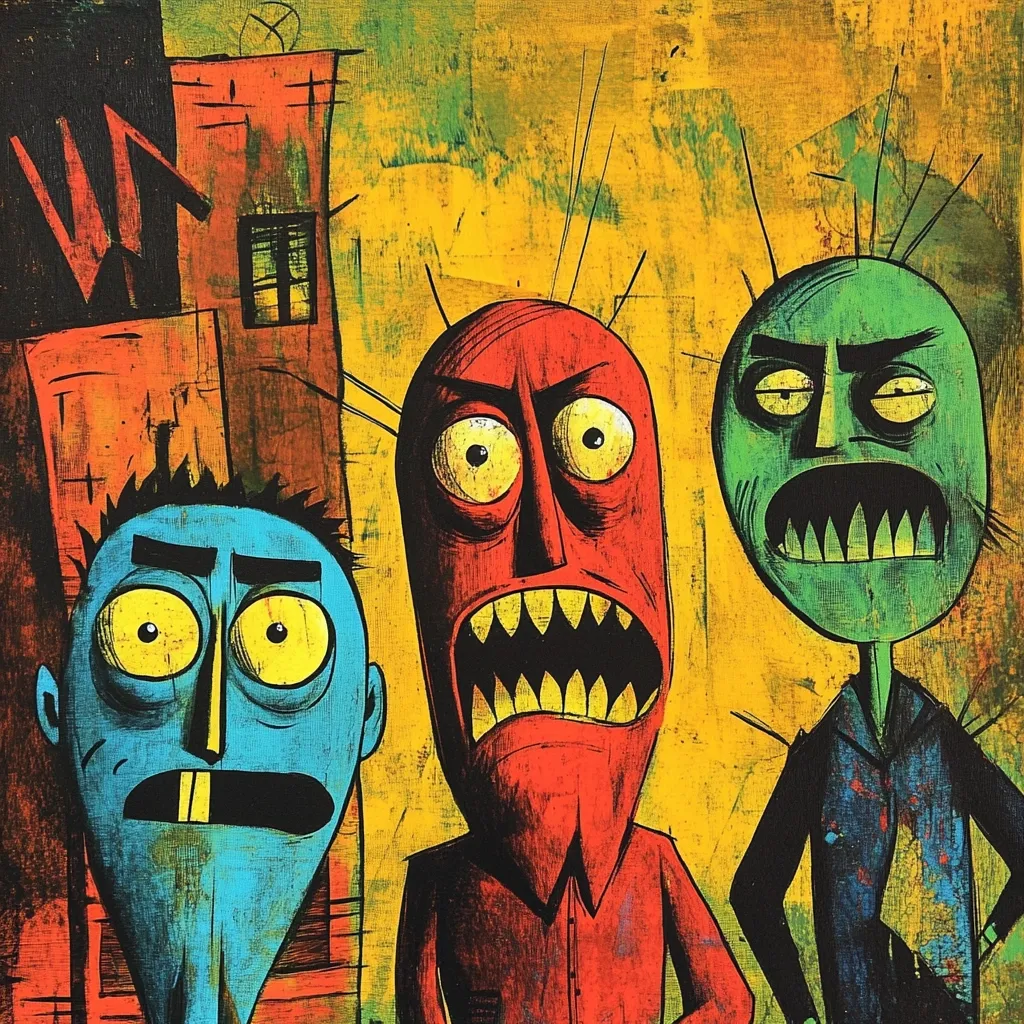 Here's a description of the image:

The artwork depicts three stylized, monstrous figures against a vibrant, textured background. The figures are rendered in bold, contrasting colors: a red, a blue, and a green.  Each features exaggerated features, including large eyes, sharp teeth, and angular forms, conveying a sense of unease or menace. The background is a mix of yellow, orange, and brown, evoking a sense of decay or an urban setting possibly depicted by an abstract building on the left. The style is reminiscent of cartoonish grotesquerie, combining both playful and disturbing elements. The overall effect is a visually striking piece with a strong sense of character and mood.