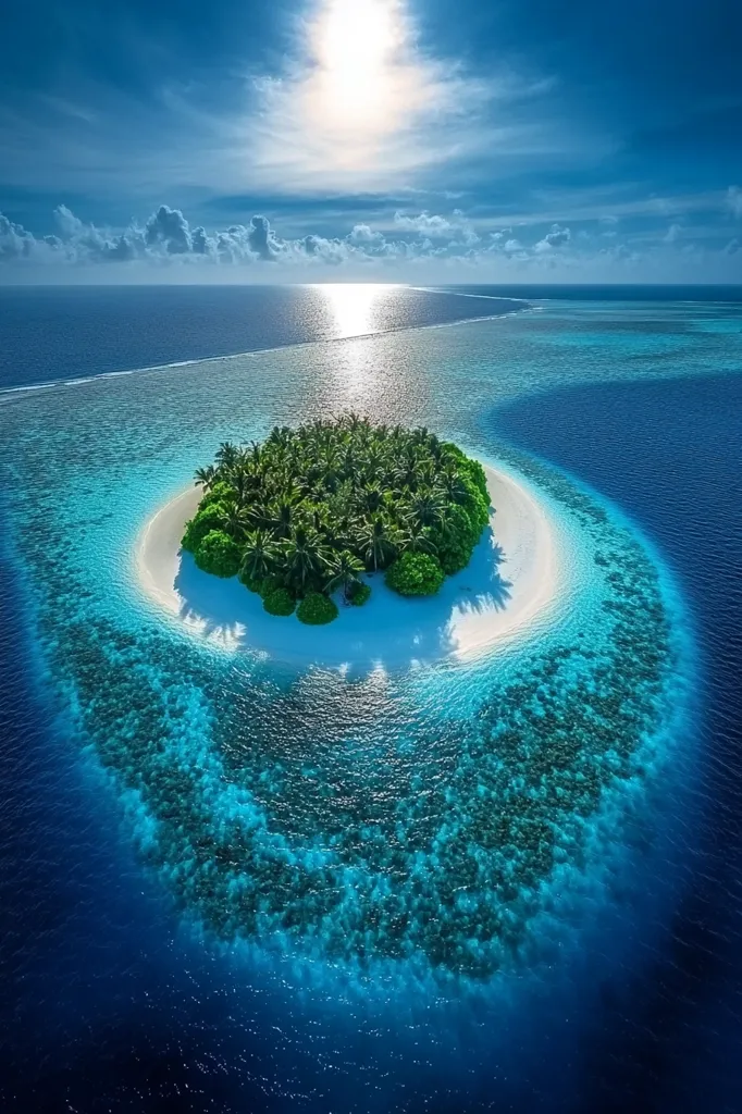 An aerial view captures a stunning tropical island, a small, verdant jewel nestled in a vibrant turquoise lagoon.  Lush green palm trees blanket the island's center, encircled by a pristine white sand beach. The surrounding ocean displays varying shades of blue, highlighting a coral reef that hugs the island's perimeter. Sunlight glints on the water's surface, creating a dazzling contrast against the deep blues of the open sea.  The scene is serene and idyllic, a picture of paradise.