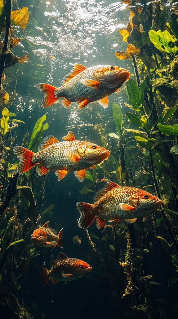 Five brightly colored fish, predominantly orange and grey, swim amidst lush underwater vegetation.  Sunlight streams from above, illuminating the scene and creating shimmering bubbles. The fish, varying slightly in size, appear healthy and active. The background consists of dark green aquatic plants, providing a stark contrast to the vibrant fish. The overall image is tranquil yet lively, capturing a moment of underwater serenity.