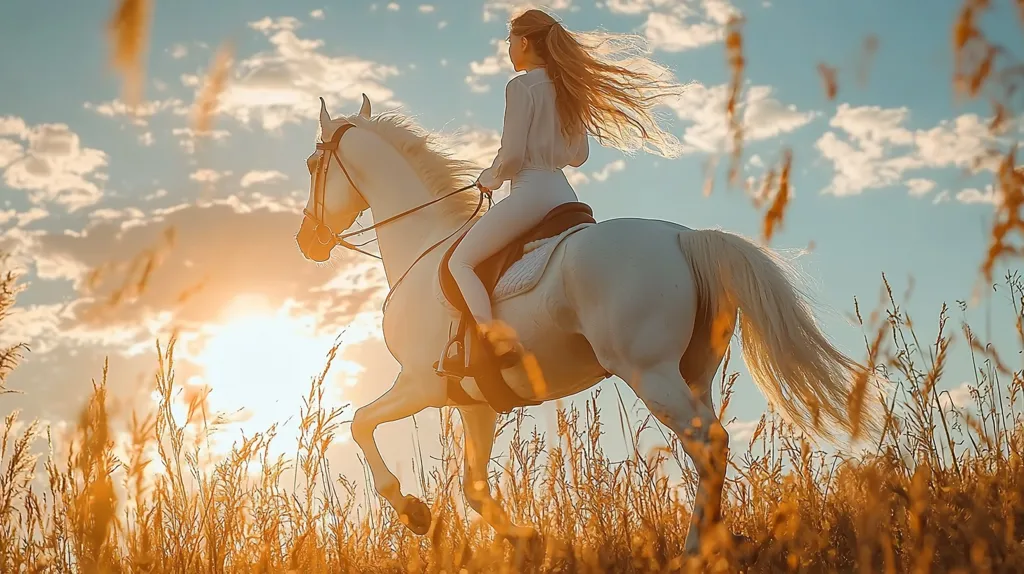 A young woman with long blonde hair rides a white horse through a field of tall, golden grass at sunset.  The sun shines brightly behind them, creating a warm, ethereal glow. The woman is dressed in white riding attire, and the horse's tail flows behind it. The scene evokes a sense of freedom and tranquility, capturing a beautiful moment of horseback riding in a picturesque setting.