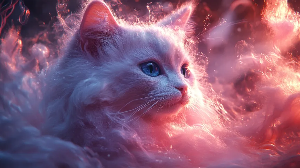 Here's a description of the image:

The image is a digital artwork depicting a fluffy white kitten with striking blue eyes.  The kitten is partially submerged in a swirling, ethereal cloud of pink and orange hues, giving the impression of a magical or dreamlike scene. The kitten's fur appears soft and luminous, contrasting with the vibrant, almost fiery, background. The overall mood is mystical and serene, emphasizing the kitten's delicate beauty against a fantastical backdrop.
