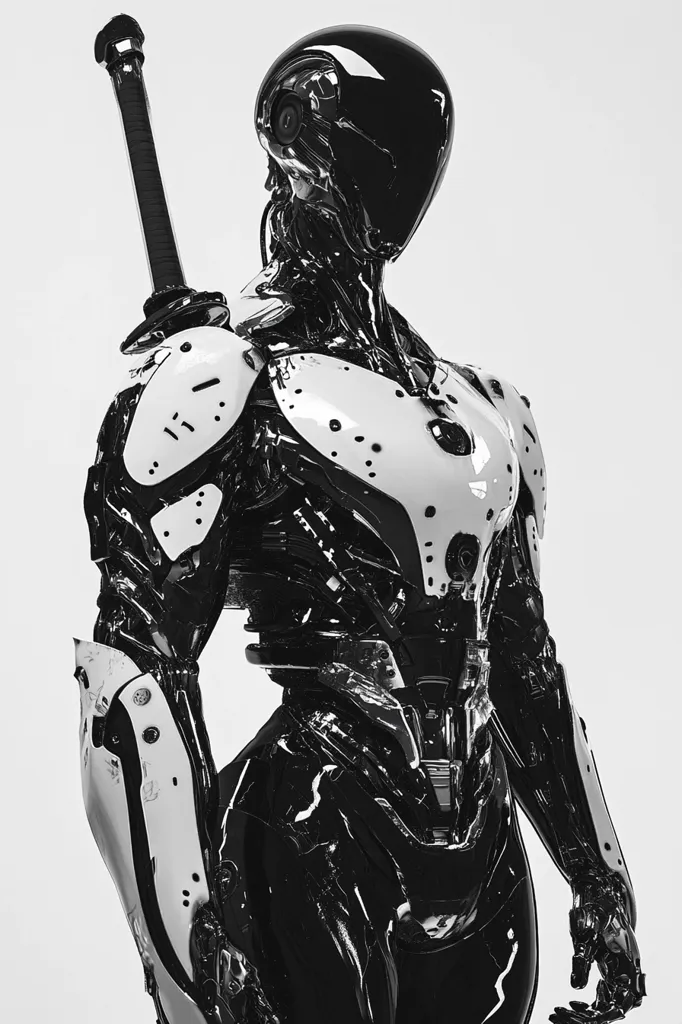 Here's a description of the image:

The image is a monochrome close-up of a futuristic, humanoid robot.  The robot is predominantly black, with glossy, seemingly metallic surfaces, contrasted by off-white panels on its arms and chest.  Its design is intricate and detailed, showing a complex array of mechanical components and joints. The robot carries a katana, its hilt resting on its shoulder. The overall style is sleek and suggestive of both advanced technology and a samurai aesthetic.  The background is plain white, emphasizing the robot's form.