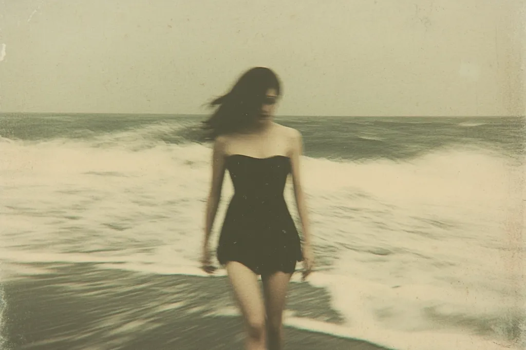 Here's a description of the image:

A slightly blurred, vintage-toned photograph depicts a young woman walking towards the viewer along a beach.  She wears a simple, dark-colored, strapless swimsuit. Her dark hair is slightly windblown. The ocean waves are foamy and textured, creating a soft, dreamy quality to the image. The overall mood is melancholic and ethereal, suggestive of a pensive moment by the sea.  The faded colors and soft focus enhance the nostalgic and slightly mysterious feel.