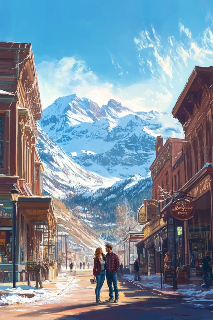 A romantic couple stands on a snow-dusted street in a quaint mountain town, their gaze locked.  Rustic, brick buildings line the street, their storefronts displaying charming signs.  A majestic, snow-capped mountain range forms a breathtaking backdrop, bathed in the sunlight of a clear, winter day. The scene evokes a sense of peace and idyllic romance amidst the beautiful, snowy landscape.  A few other figures are sparsely distributed, adding to the peaceful atmosphere.