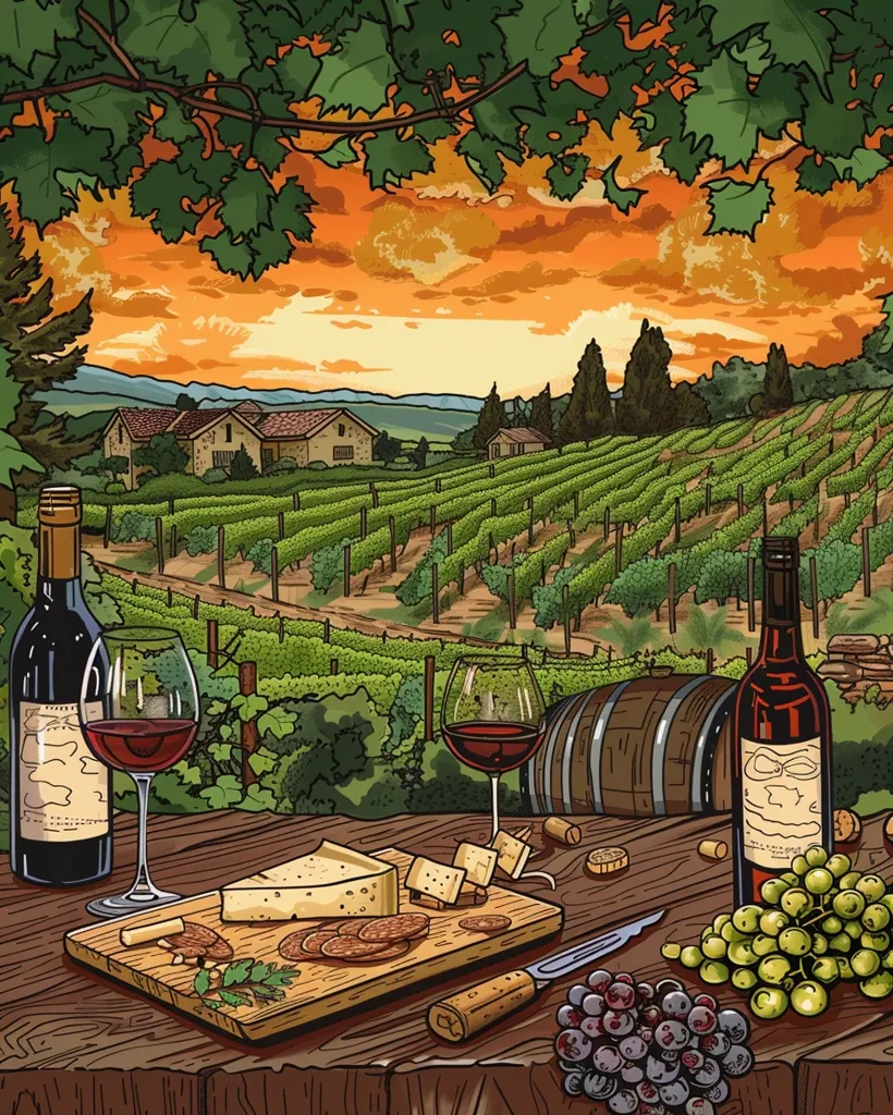 Here's a description of the image:

The illustration depicts a picturesque vineyard at sunset. Rolling hills, dotted with rustic buildings, stretch into the distance under a fiery orange sky.  A wooden table in the foreground holds two glasses of red wine, bottles of wine, a wooden cutting board laden with cheese and salami, bunches of grapes, and a wine barrel.  The scene is vibrant and detailed, suggesting a relaxed, luxurious atmosphere of wine tasting amidst the beauty of a wine country estate.  Green leaves frame the top of the image, adding depth and a sense of being present within the scene.