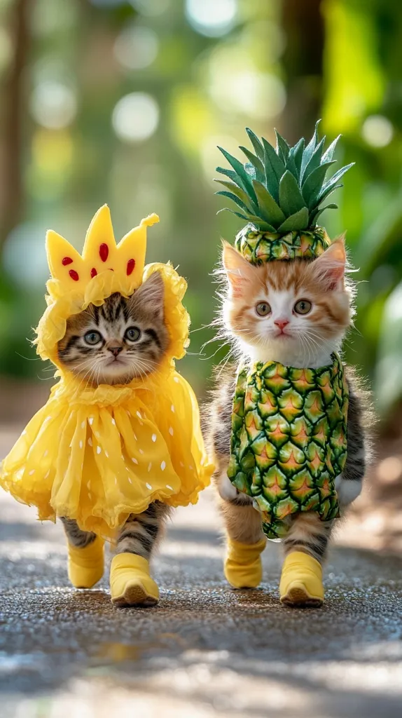 Two adorable kittens stroll down a path, each dressed in a delightful fruit-themed costume.  One kitten sports a charming yellow princess dress complete with a crown, while the other is attired as a pineapple, complete with a leafy green top and textured body. Both wear tiny yellow booties. The blurry background suggests a sunny outdoor setting, enhancing the whimsical scene. Their expressions are sweet and endearing, creating a captivating image.