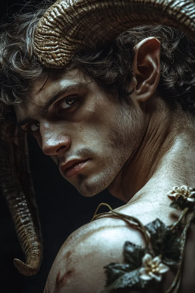 Here is a description of the image:

Close-up view of a young man with the head and horns of a ram.  His dark, curly hair flows around the large, textured horns. His expression is intense, almost defiant, with a serious gaze directly at the viewer. His skin has a slightly rough, earthy texture, and his bare shoulder is adorned with a vine bearing small white flowers, suggesting a connection to nature. The overall mood is dark, dramatic, and slightly mysterious, possibly evoking mythological or fantasy themes. The lighting is focused on his face and upper body, leaving the background in shadow.