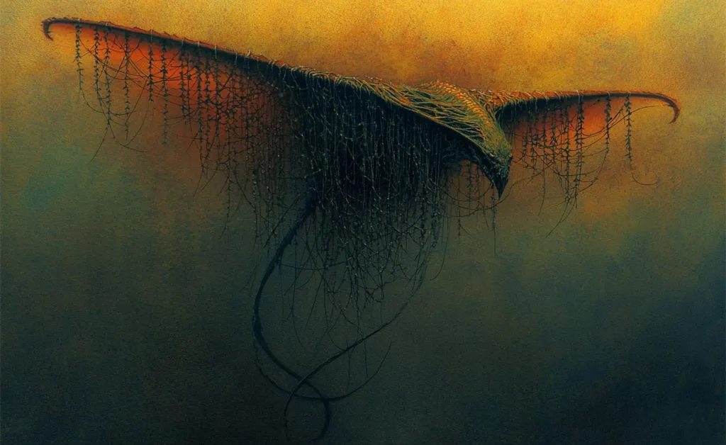 The artwork depicts a dark, fantastical bird in flight against a muted orange and green background.  Its wings and body are obscured by a thick, tangled mass of dark, vine-like tendrils that hang down, almost obscuring its form.  The overall mood is one of mystery and unease, with a sense of otherworldly strangeness. The style is surreal and evocative, focusing on texture and atmosphere more than precise detail. The bird seems both powerful and fragile simultaneously.