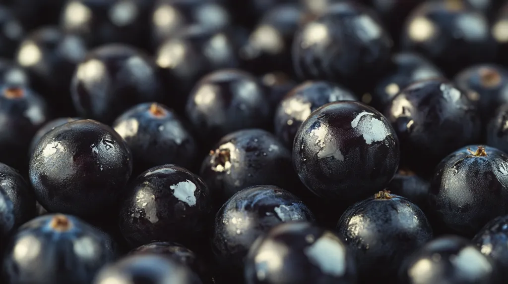 Here's a description of the image:

A close-up shot reveals a dense cluster of dark-colored berries, possibly acai or similar, filling the entire frame.  The berries are plump and glistening, suggesting moisture or a recent wash.  Their deep, almost black hue is punctuated by subtle highlights, reflecting light and revealing a slightly textured surface. The focus is sharpest on the berries in the center, while those at the edges are softly blurred, creating a shallow depth of field.  The overall impression is one of richness and abundance.