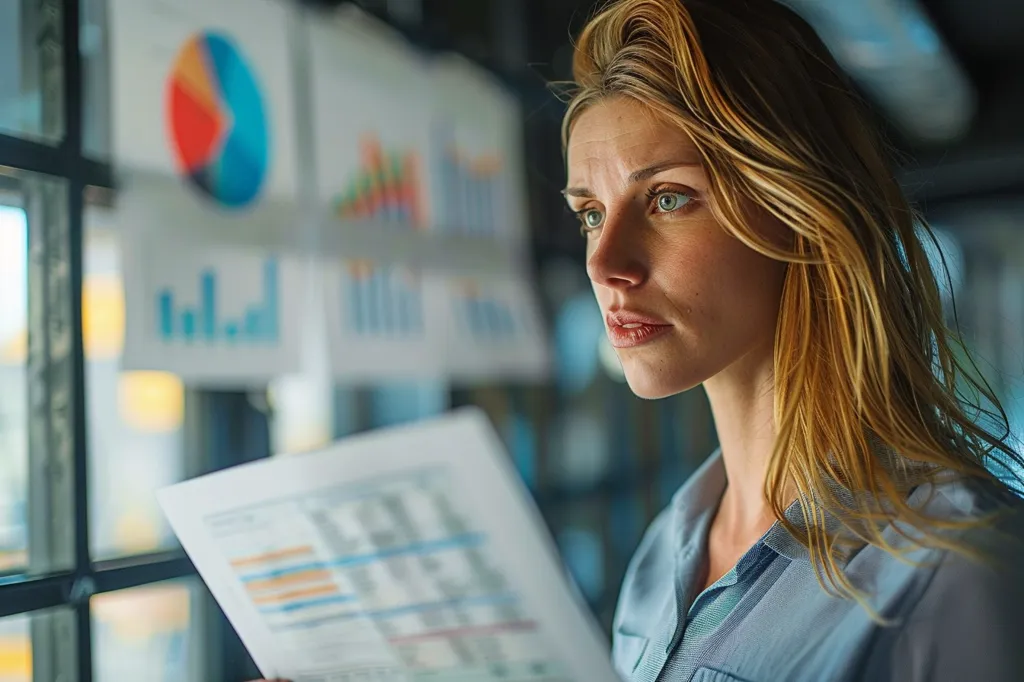 A young, blonde woman with a thoughtful expression studies a document filled with charts and graphs.  She's in a modern office setting, with blurred-background charts visible through a window.  The image suggests concentration and focus on financial or business data, conveying a sense of professional analysis and perhaps a slight concern or contemplation. The lighting is soft and emphasizes the woman's serious demeanor.