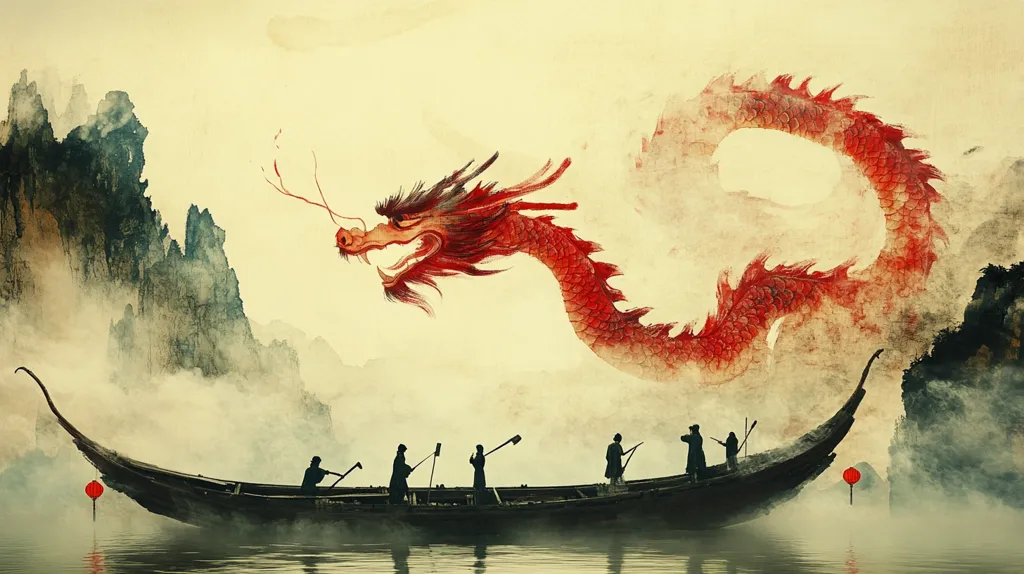 Here's a description of the image:

The artwork depicts a dramatic scene in a style reminiscent of East Asian painting. A large, crimson dragon, rendered with watercolor-like texture, curves across the upper half, its head angled toward a long, narrow boat below.  Several silhouetted figures row the boat across a misty water, set against a backdrop of atmospheric, softly rendered mountains shrouded in fog.  Red lanterns hang near the boat's sides, adding a touch of color to the muted palette.  The overall effect is one of serene power, juxtaposing the immense dragon with the small human figures in their journey across the water.