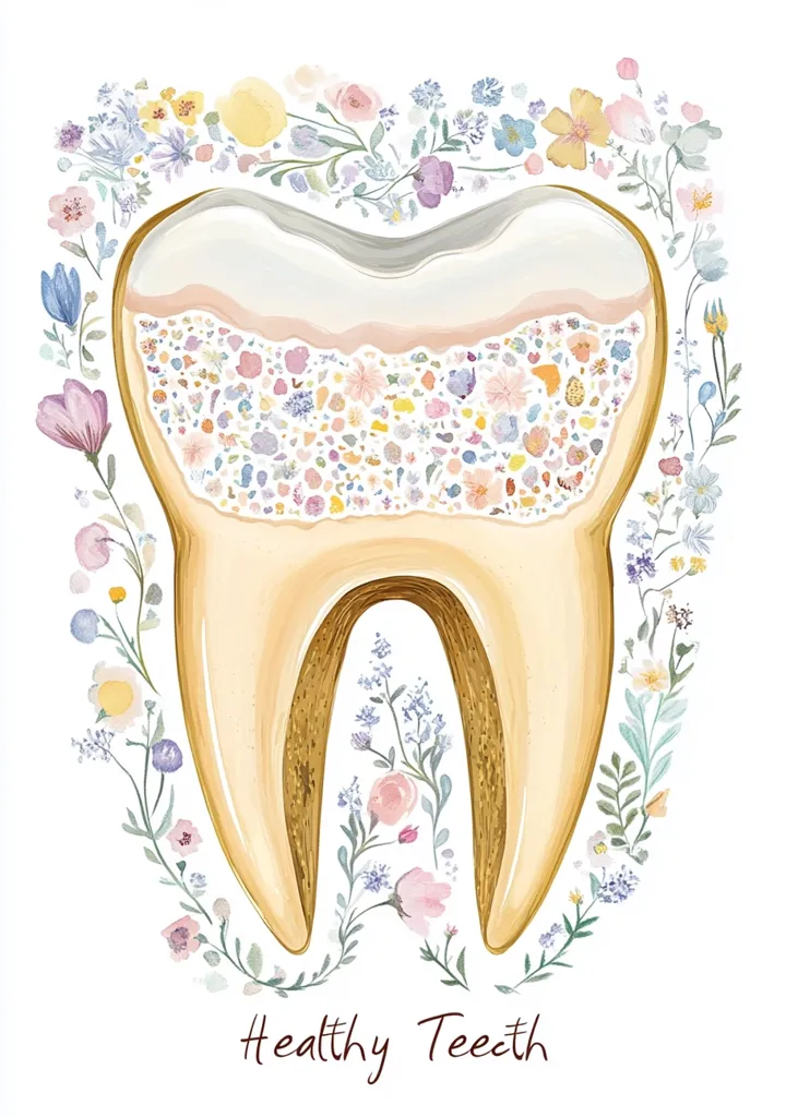 Here's a description of the image:

The image showcases a stylized illustration of a healthy tooth.  The tooth is depicted in a soft, pastel palette, with its inner structure filled with an array of tiny, colorful flowers.  These flowers extend outwards to form a wreath around the tooth. The style is reminiscent of watercolor painting, with soft edges and delicate shading. At the bottom, the words "Healthy Teeth" are written in an elegant script. The overall impression is one of whimsical charm and a gentle message about dental health.