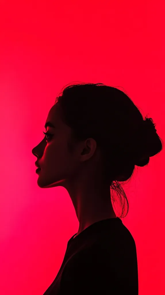 Here's a description of the image:

The image is a striking silhouette of a woman's profile against a vibrant red backdrop.  Her hair is pulled back in a loose bun, revealing the elegant curve of her neck and jawline.  The stark contrast between her dark silhouette and the bright red background creates a dramatic and almost cinematic effect. The lighting highlights her facial features, subtly suggesting a strong and pensive expression. The overall mood is one of mystery and intensity.