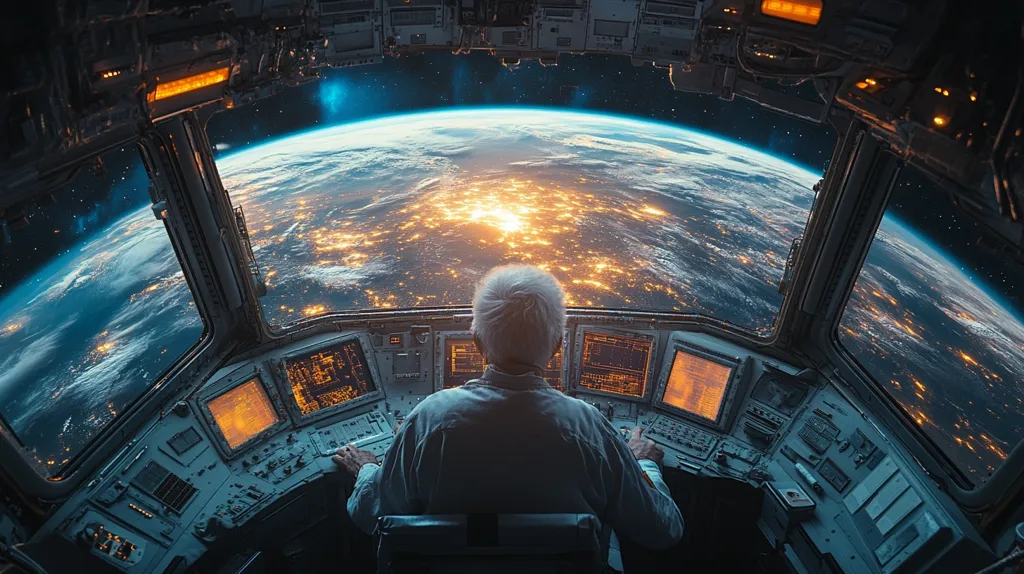 The image shows a person, seemingly an older man with gray hair, seated at the controls of a spacecraft.  His back is to the viewer, and he's gazing out at a breathtaking view of Earth from space. The planet's curvature is visible, with city lights illuminating the night side.  The cockpit is detailed and futuristic, reflecting a sci-fi aesthetic. The scene conveys a sense of wonder and isolation, highlighting the vastness of space and the human presence within it.