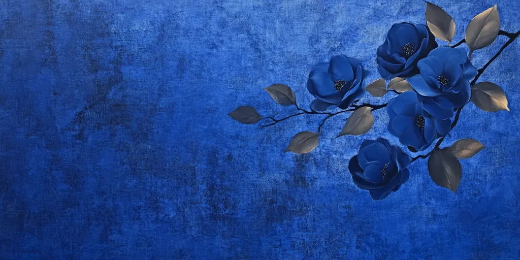 The image is a painting of a branch with several dark blue roses against a textured, deep blue background.  The roses are depicted realistically, with subtle shading and detailing, while the background has a rough, almost stucco-like texture.  The contrast between the smooth roses and the rough background creates a visually interesting effect.  The overall mood is somber and elegant. The leaves are a dark gray-blue, contrasting with both the flowers and background.