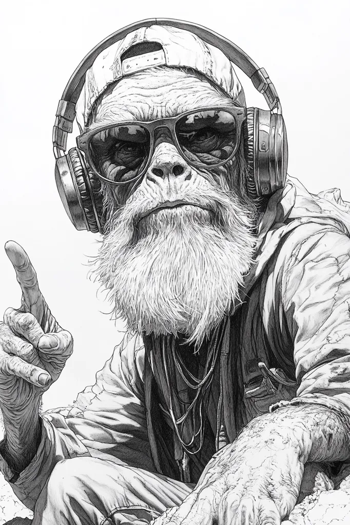 Here's a description of the image:

The detailed black and white drawing depicts a gorilla-like creature, seemingly elderly, with a long, flowing beard and weathered skin. He wears sunglasses, a baseball cap, and over-ear headphones, suggesting a modern, possibly hip-hop, aesthetic.  His expression is serious and slightly defiant. He's dressed in a jacket and appears to be sitting, one hand gesturing upwards in a pointing motion. The artist's skillful use of shading and linework creates a remarkably realistic and textured effect, particularly evident in the hair and wrinkles.  The overall impression is one of unexpected juxtaposition: a primal creature in contemporary attire.