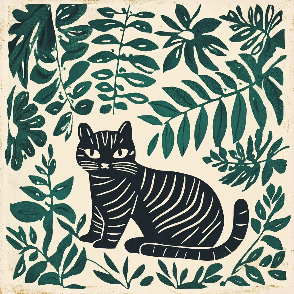 Here's a description of the image:

The image is a stylized illustration featuring a black cat with white stripes, sitting amidst a border of dark teal-green foliage. The cat is depicted in a simple, almost block-print style, with bold outlines and minimal detail.  The leaves are various types of ferns and tropical plants, rendered in a similar bold, graphic style. The background is a creamy off-white, giving the illustration a vintage or retro feel. The overall style evokes a sense of calm and natural beauty.