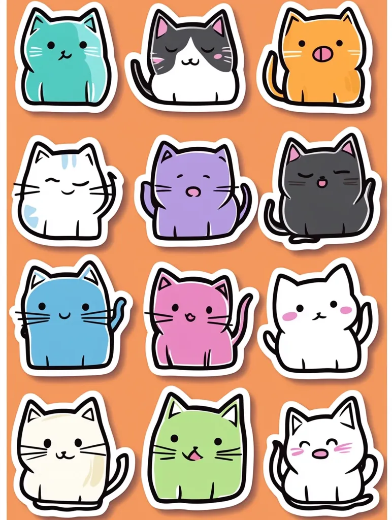 Here's a description of the image:

The image showcases twelve adorable cartoon cats arranged in a grid pattern on an orange background. Each cat is uniquely colored, featuring pastel shades like teal, purple, pink, and light green, alongside classic colors such as white, black, and orange. The cats are depicted in a simple, childlike style with large eyes and rounded bodies, giving them a cute and friendly appearance.  They are presented as individual stickers, each with a white border.