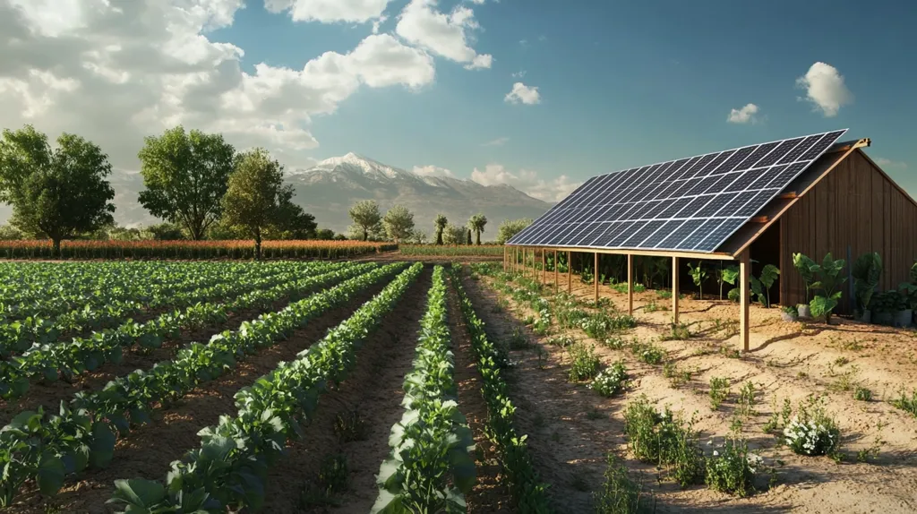 A picturesque farmland scene unfolds under a bright, partly cloudy sky. Rows of flourishing green crops dominate the foreground, stretching towards a rustic wooden barn.  The barn's roof is equipped with a sizable solar panel array, showcasing sustainable energy integration.  In the background, a snow-capped mountain range adds to the serene and idyllic landscape. The image suggests a harmonious blend of agriculture and renewable energy.