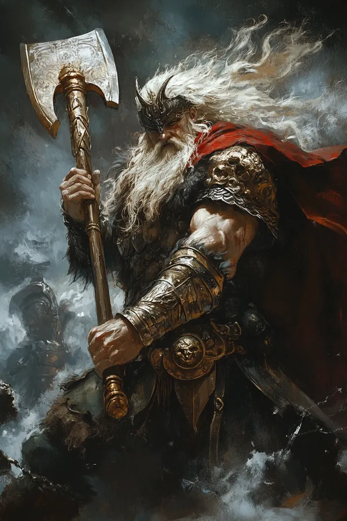 A powerful, aged warrior, possibly a Viking, dominates the image.  He wields a large battle-axe with a long, ornate shaft. His long, white hair and beard flow in the wind. He wears ornate gold armor, a red cape, and a horned helmet.  The background is dark and stormy, suggesting a battle scene.  The overall style is dark fantasy, emphasizing the warrior's strength and formidable presence.  The painting has a gritty, textured quality.