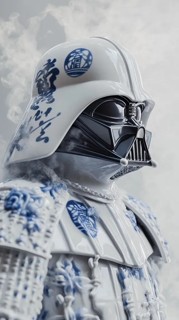 Here's a description of the image:

The image shows a striking, stylized depiction of Darth Vader.  His helmet and armor are rendered in a porcelain-like white, adorned with intricate blue and white designs reminiscent of traditional Japanese blue and white porcelain or perhaps even samurai armor.  The dark, reflective visor of the helmet contrasts sharply with the light porcelain.  A subtle smoky effect surrounds the figure, adding to its ethereal quality. The overall aesthetic is a unique fusion of Star Wars imagery and classic Asian art.