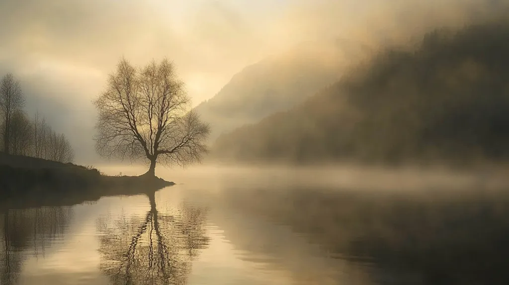 A serene landscape unfolds at dawn, where a solitary, leafless tree stands on a small, tranquil island in a misty lake.  The water reflects the tree and the muted golden light of the rising sun.  Rolling hills, shrouded in fog, form a soft backdrop. The overall mood is one of quiet peace and solitude, with a sense of stillness pervading the scene.  The colors are soft and muted, dominated by various shades of gold, brown, and grey.