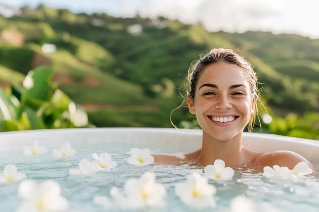 Here's a description of the image:

A young woman with a radiant smile sits immersed in a white, round hot tub. The water is calm, adorned with several floating white flowers, creating a serene atmosphere. Her shoulders and upper chest are visible above the water.  The background is out of focus, showcasing a lush green hillside, bathed in the soft light of what seems to be either sunrise or sunset. The overall mood is one of relaxation, tranquility, and well-being.