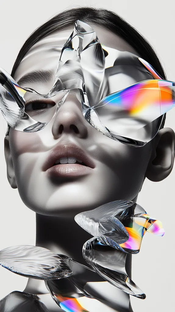 Here's a description of the image:

The image is a stylized portrait of a woman's face, partially obscured by abstract, iridescent glass shards. The shards appear to be sculpted into organic shapes, some resembling petals or wings, and are positioned around her face and neck. The woman's expression is serene, her makeup is minimal, and her dark hair is pulled back. The overall color palette is grayscale, with the exception of the vibrant rainbow iridescence within the glass pieces, creating a striking contrast and sense of surrealism. The background is plain and light, emphasizing the subject and the intricate glasswork. The image suggests a theme of beauty, art, and the intersection of organic and inorganic forms.