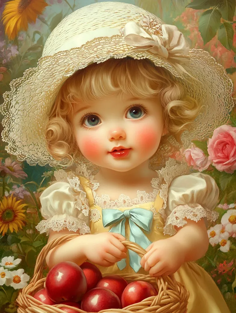 Here's a description of the image:

The painting depicts a charming toddler girl, with rosy cheeks and large, expressive blue eyes. She has blonde, curly hair peeking out from under a wide-brimmed, lace-trimmed straw hat. The girl is dressed in a yellow dress adorned with white lace, and a light blue bow accents her bodice. She holds a wicker basket brimming with ripe red plums. The backdrop features a vibrant garden with sunflowers, roses, and other flowering plants, creating a picturesque and idyllic scene. The overall style is reminiscent of classic children's book illustrations, with a soft, painterly quality and a focus on delicate details.
