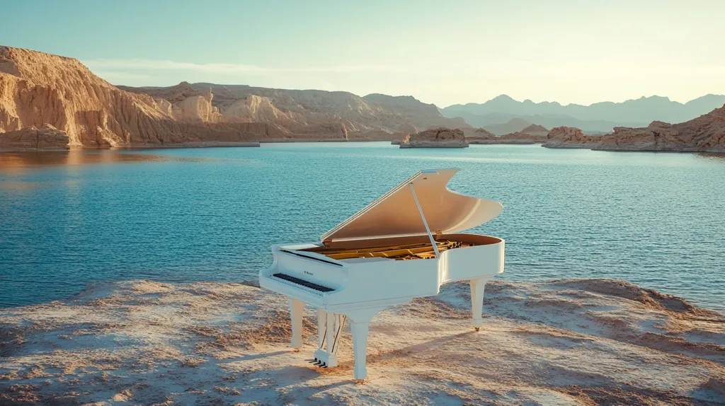 A pristine white grand piano sits on a rocky outcrop overlooking a serene lake.  The calm water reflects the muted colors of the surrounding desert landscape, marked by tan and beige cliffs and distant mountains under a clear, light sky.  The scene evokes a sense of peace and solitude, with the piano suggesting the possibility of music in this isolated yet beautiful setting. The overall lighting suggests either sunrise or sunset.