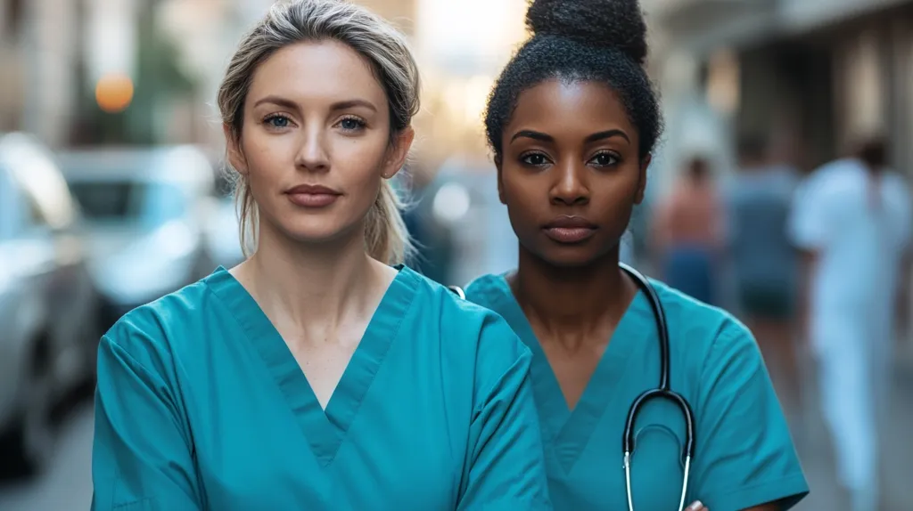 Two female healthcare professionals stand shoulder-to-shoulder, outdoors in a city setting.  They are both wearing teal scrubs; one has her arms crossed, while the other has a stethoscope around her neck.  The women, one with blonde hair and light skin, the other with dark hair and brown skin, project a confident and serious demeanor, their expressions conveying professionalism and possibly resilience. The background is blurred, focusing attention on the two women in the foreground.