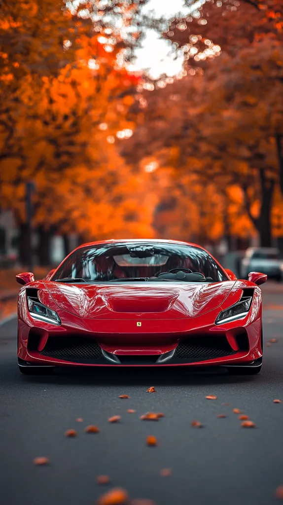 A vibrant red Ferrari SF90 Stradale sits majestically on a tree-lined road.  The autumnal backdrop is ablaze with fiery orange and brown leaves, creating a stunning contrast with the car's sleek, polished body. Fallen leaves scatter the asphalt in front of the vehicle, adding to the picturesque autumnal setting.  The image is sharply focused on the Ferrari, emphasizing its luxurious design and the rich colors of the season.