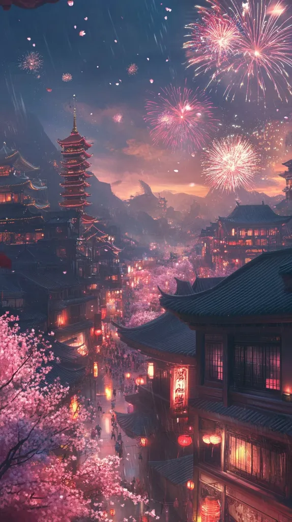 A breathtaking digital painting depicts a bustling Asian city at night, under a shower of pink petals and vibrant fireworks.  Traditional architecture, including ornate pagodas and shops with glowing lanterns, lines the rain-slicked streets.  Crowds of people move through the illuminated city, framed by blossoming cherry trees. The overall mood is one of magical beauty and festive celebration.