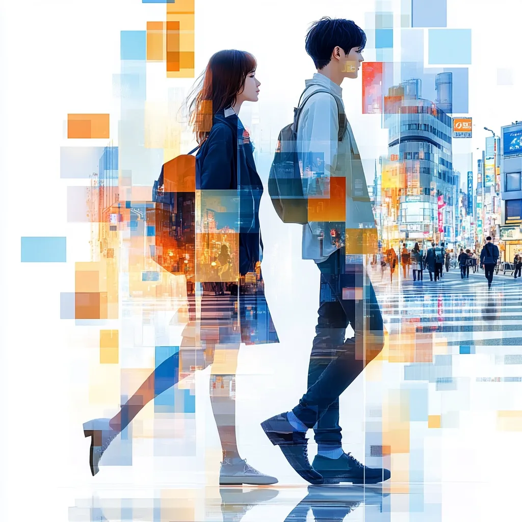 A stylized image depicts a young couple walking in profile, their forms partially overlaid with a vibrant cityscape at night.  The city is rendered in fragmented blocks of color, suggesting a digital or dreamlike quality.  They carry backpacks, their attire casual and modern. The overall effect is a blend of realistic figures and abstract urban scenery, creating a dynamic and visually arresting composition.