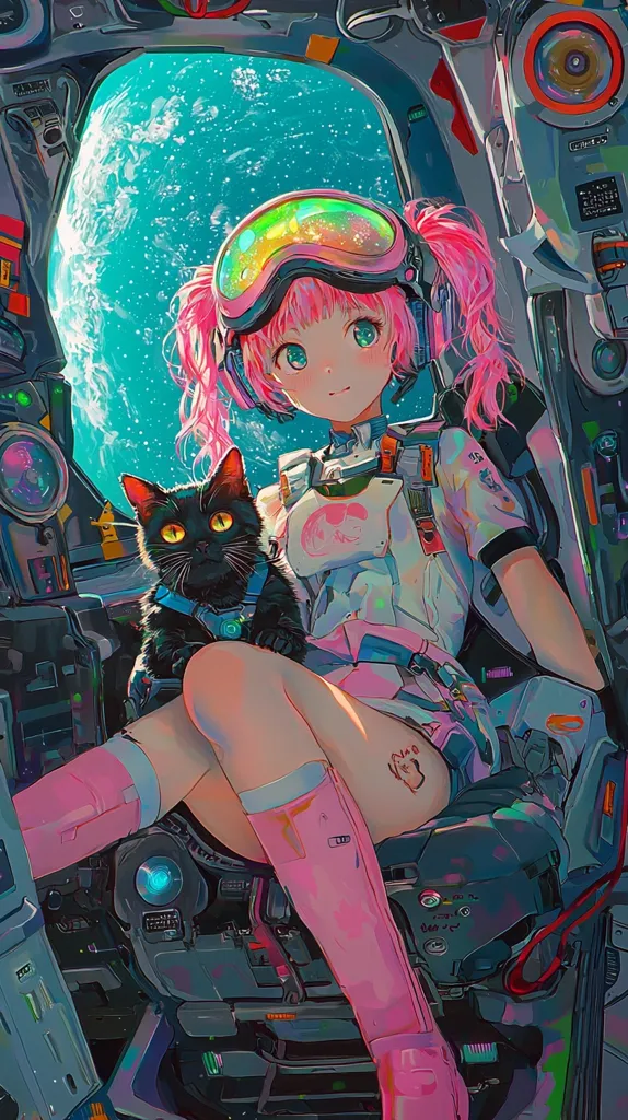 An anime-style girl with pink hair and a futuristic spacesuit sits inside a spaceship cockpit.  She wears pink knee-high boots and goggles, and holds a black cat. The cockpit is detailed with technological elements and glows with vibrant colors.  A large window reveals a view of space, showcasing a teal and blue nebula with bright stars. The overall aesthetic is a blend of futuristic technology and whimsical anime charm.