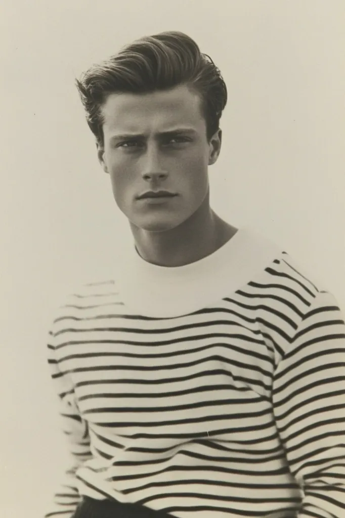 Here's a description of the image:

The black and white photograph shows a young man with styled, dark hair. He's wearing a horizontally striped, long-sleeved shirt, creating a classic, nautical look. His expression is serious, almost pensive, and he looks directly at the camera. The background is plain and unfocused, drawing all attention to the subject. The image has a timeless quality, reminiscent of fashion photography from the late 20th century. The lighting is soft and even, enhancing the texture of both his hair and the shirt.